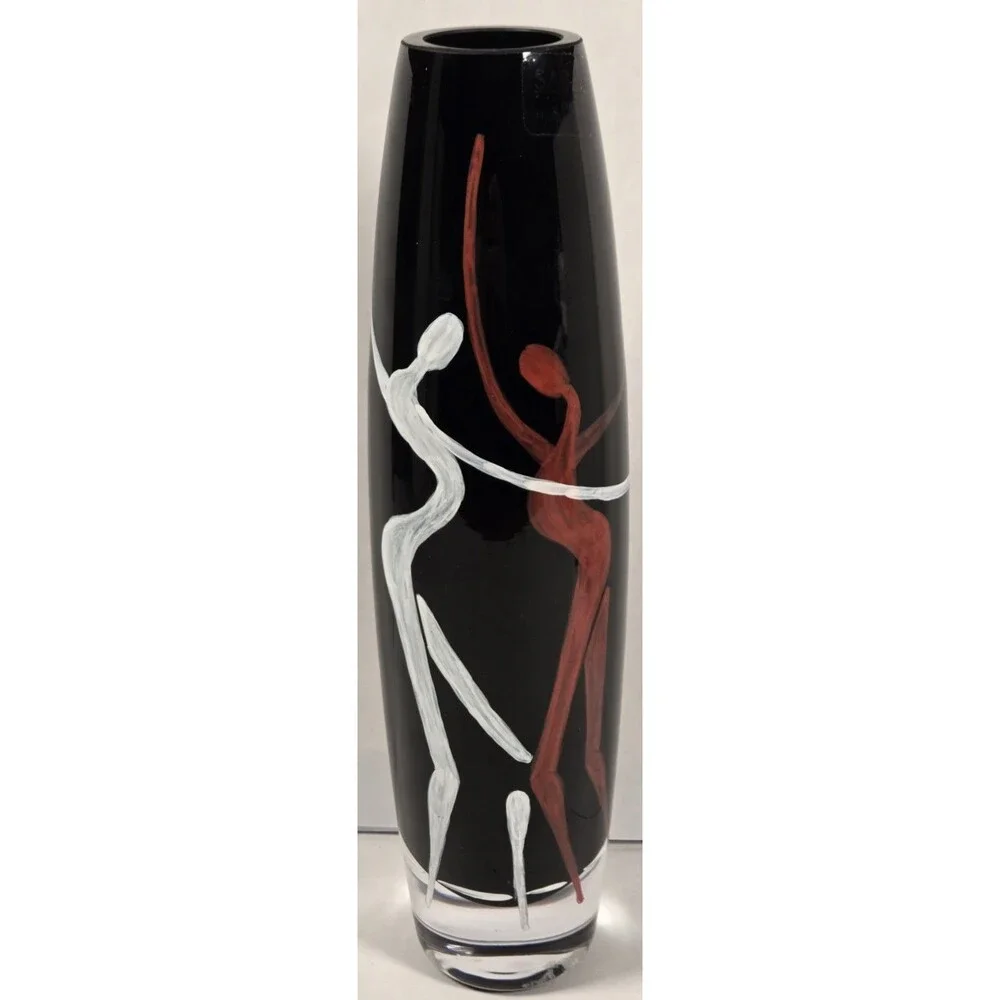 vintage Sasaki Bacchanal Art Glass Vase 11 3/4” Poland Black Hand Painted w/ Box